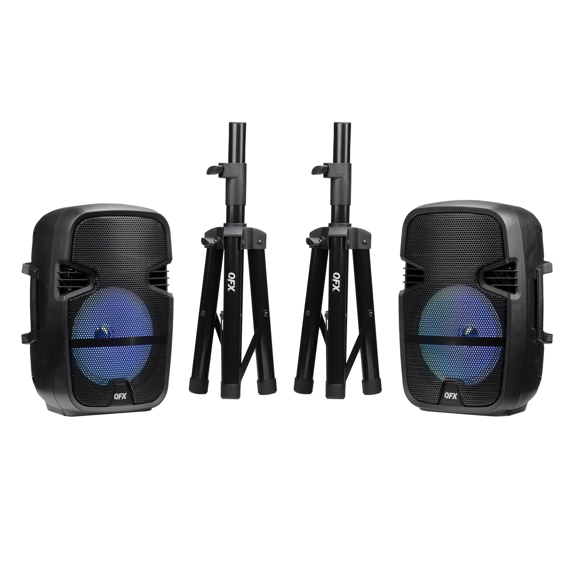 PBX-808TWS TWO 8 INCH PORTABLE PA SPEAKER SYSTEMS with 2 SPEAKERS, 2 SPEAKER STANDS, 2 WIRED MICROPHONES and 2 REMOTES