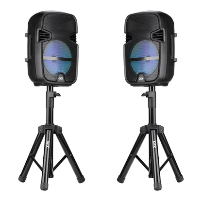 PBX-808TWS TWO 8 INCH PORTABLE PA SPEAKER SYSTEMS with 2 SPEAKERS, 2 SPEAKER STANDS, 2 WIRED MICROPHONES and 2 REMOTES